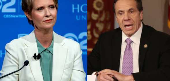 Cynthia Nixon wearing a white blazer at a 2018 gubernatorial election debate and Andrew Cuomo wearing a suit delivering a coronavirus briefing