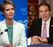 Cynthia Nixon wearing a white blazer at a 2018 gubernatorial election debate and Andrew Cuomo wearing a suit delivering a coronavirus briefing
