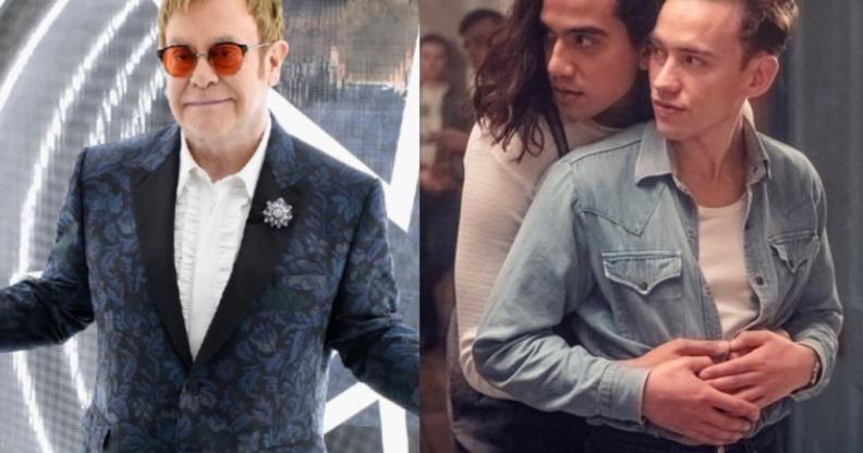 Elton John posing for a photograph and the cast of It's a Sin in a still image from the series