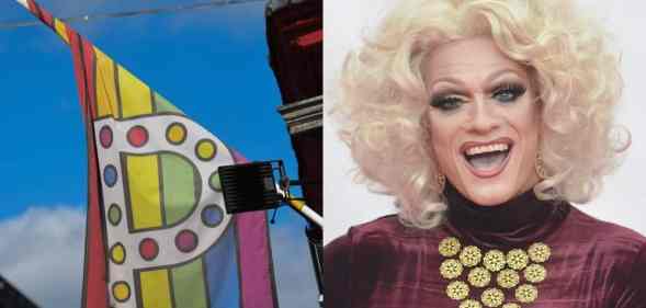 Side by side of Panti Bliss and Panti Bar flag in gay bar Dublin