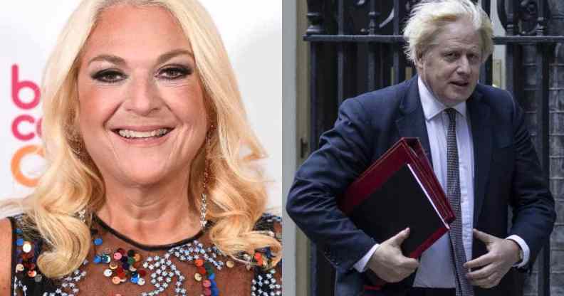 A side by side image of TV personality Vanessa Feltz and UK prime minister Boris Johnson Feltz has slammed the uk government for failing to ban conversion therapy