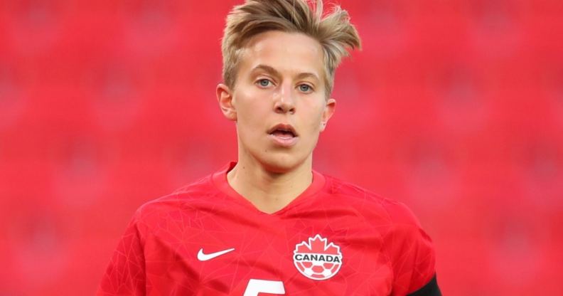 Quinn of Canada in a red football top with the Nike logo and Canadian maple leaf