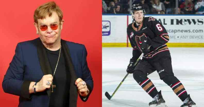 A side by side image of Elton John and hockey star Luke Prokop, the hockey player says that he got a call from Elton, thanking him for coming out as gay