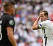 England's Harry Kane of England looks on wearing a rainbow captains armband during the UEFA Euro 2020 Championship