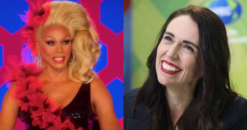 Side by side of Drag Race host RuPaul and New Zealand prime minister Jacinda Ardern
