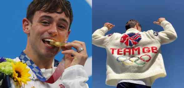 side by side photos of Tom Daley one with his gold medal and another with his hand-knitted cardigan