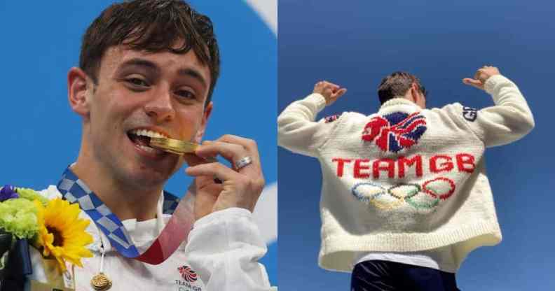side by side photos of Tom Daley one with his gold medal and another with his hand-knitted cardigan