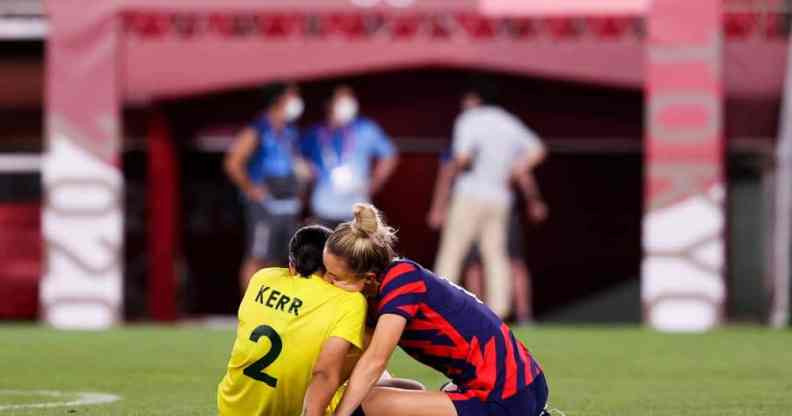 Team USA's Kristie Mewis Sam Kerr Australia after the Olympic football bronze medal match LGBT+ couple