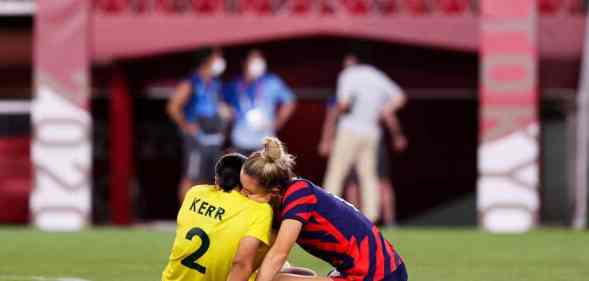Team USA's Kristie Mewis Sam Kerr Australia after the Olympic football bronze medal match LGBT+ couple