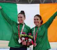 Silver medalists Katie-George Dunlevy and pilot Eve McCrystal of Team Ireland pose during the women's B 3000m Individual pursuit track cycling medal ceremony on day 4 of the Tokyo 2020 Paralympic Games at Izu Velodrome on August 28, 2021 in Izu, Japan.