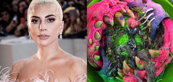 Lady Gaga at a film festival (L) and the cover of Lady Gaga's Chromatica remix album