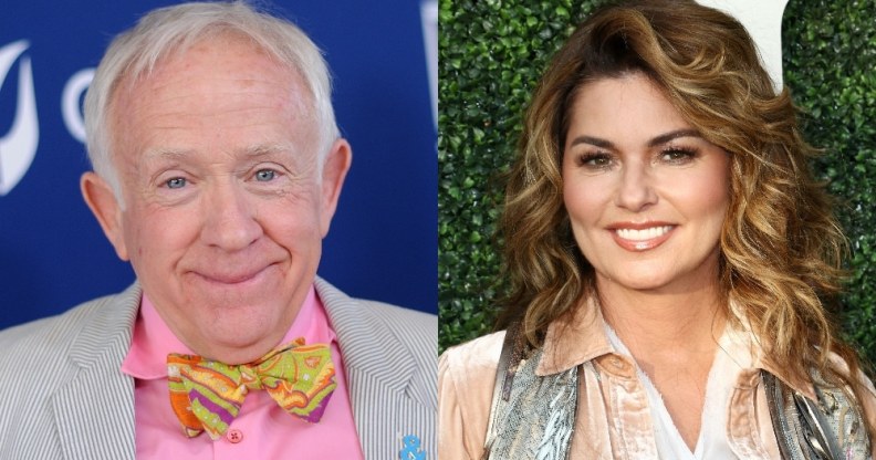 On the left: Headshot of Leslie Jordan smiling in a bow tie. On the right: Shania Twain poses on the red carpet