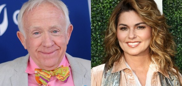 On the left: Headshot of Leslie Jordan smiling in a bow tie. On the right: Shania Twain poses on the red carpet