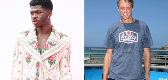 Lil Nas X posing on the red carpet and Tony Hawk posing for a photo
