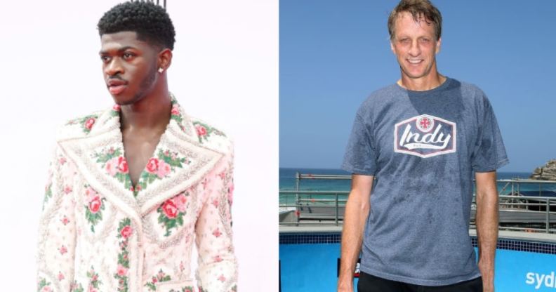 Lil Nas X posing on the red carpet and Tony Hawk posing for a photo