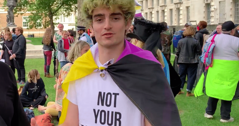 Owen Hurcum at a trans rights protest in London on 6 August.