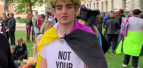Owen Hurcum at a trans rights protest in London on 6 August.