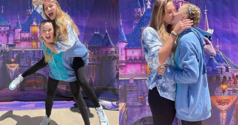 JoJo Siwa and Kylie Prew are seen having fun and sharing a kiss in front of a Disney backdrop with colourful Mickey Mouse balloons