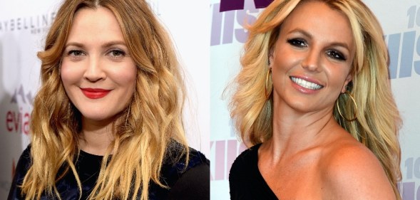 On the left: Headshot of Drew Barrymore. On the right: Headshot of Britney Spears
