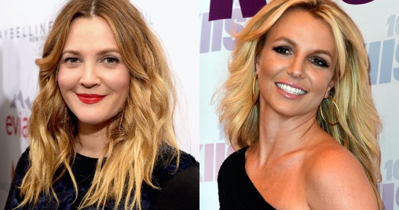 On the left: Headshot of Drew Barrymore. On the right: Headshot of Britney Spears