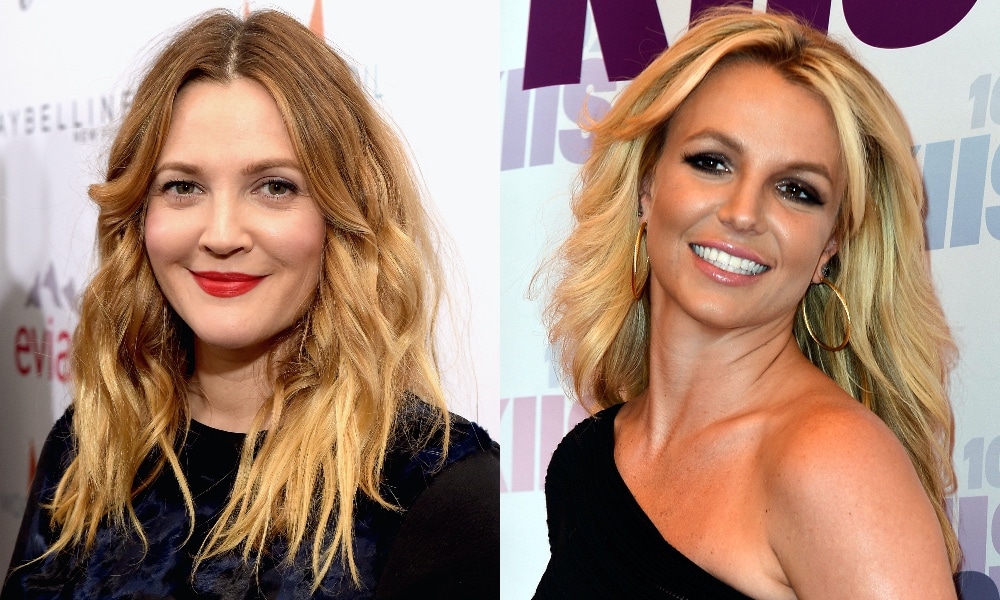 On the left: Headshot of Drew Barrymore. On the right: Headshot of Britney Spears