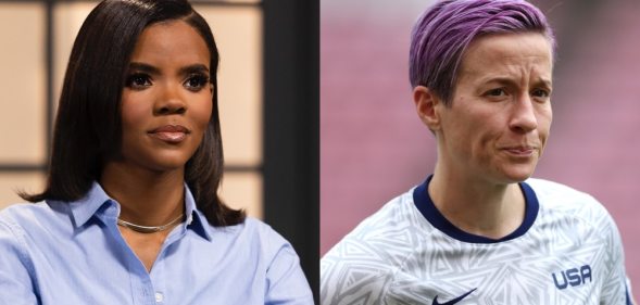 On the left: Candace Owens in a blue shirt. On the right: Megan Rapinoe on the football pitch.