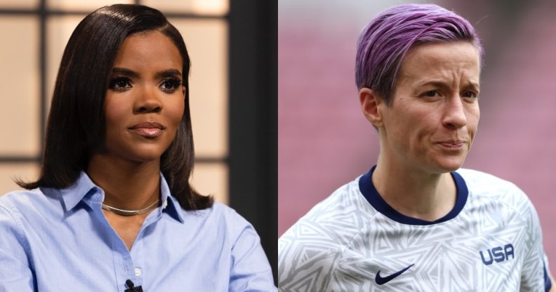 On the left: Candace Owens in a blue shirt. On the right: Megan Rapinoe on the football pitch.