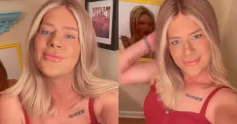 Leave Britney Alone star Cara Cunningham poses to the camera in a red dress