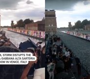 Side-by-side of the Dolce & Gabbana runway as a hailstorm begun