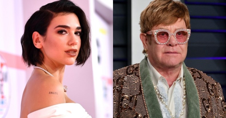 On the left: Dua Lipa on the recd carpet turning to the side. On the right: Elton John on the red carpet in a bedazzled blazer