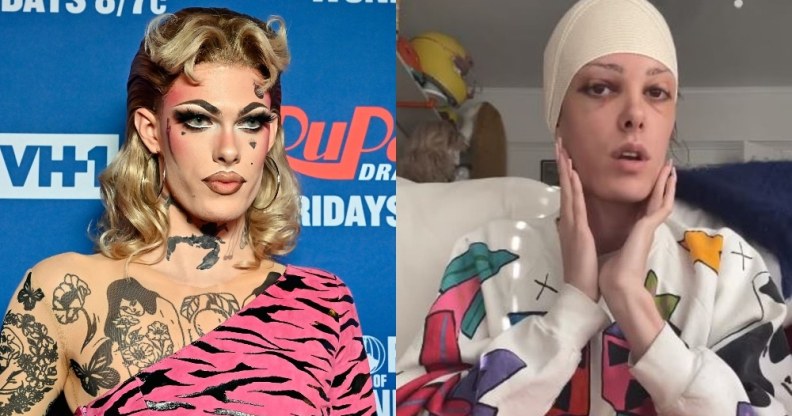 On the left: Gigi Goode on the red carpet. On the right: Gigi Goode at home with her hands on her face