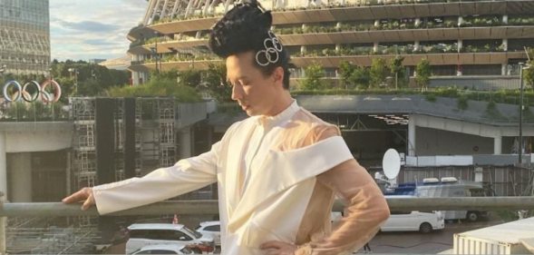 Johnny Weir outside the Tokyo Olympic stadium