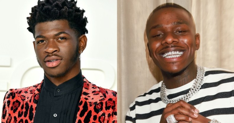 On the left: Headshot of Lil Nas X in a red blazer. On the right: DaBaby in a Breton stripe tee.
