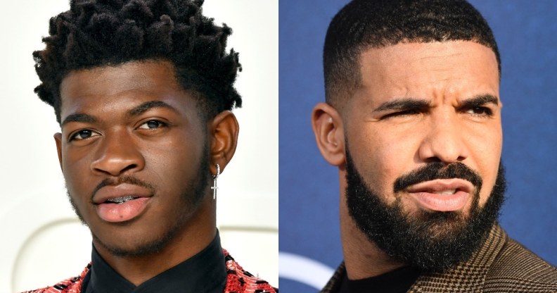 On the left: Headshot of Lil Nas X. On the right: Headshot of Drake looking confused