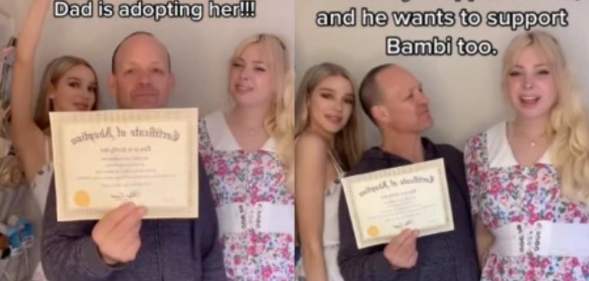 Grace Hyland, Mat Stevenson and Belle Bambi pose around an adoption certificate