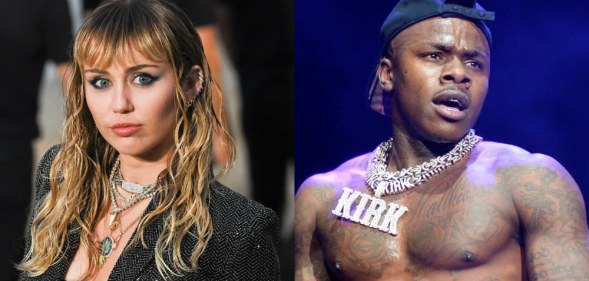 On the left: Miley Cyrus poses on the red carpet in a black dress. On the right: DaBaby shirtless at a concert