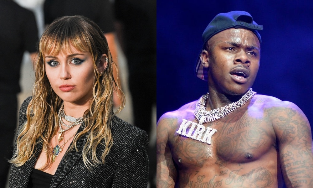 On the left: Miley Cyrus poses on the red carpet in a black dress. On the right: DaBaby shirtless at a concert