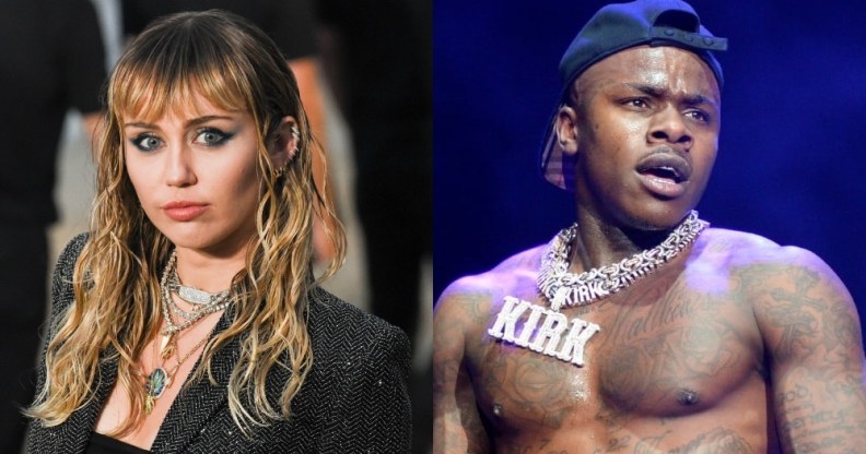 On the left: Miley Cyrus poses on the red carpet in a black dress. On the right: DaBaby shirtless at a concert