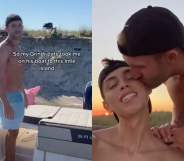 On the left: A shirtless man stands on a boat. On the right: A couple both shirtless kiss