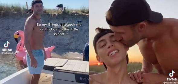 On the left: A shirtless man stands on a boat. On the right: A couple both shirtless kiss