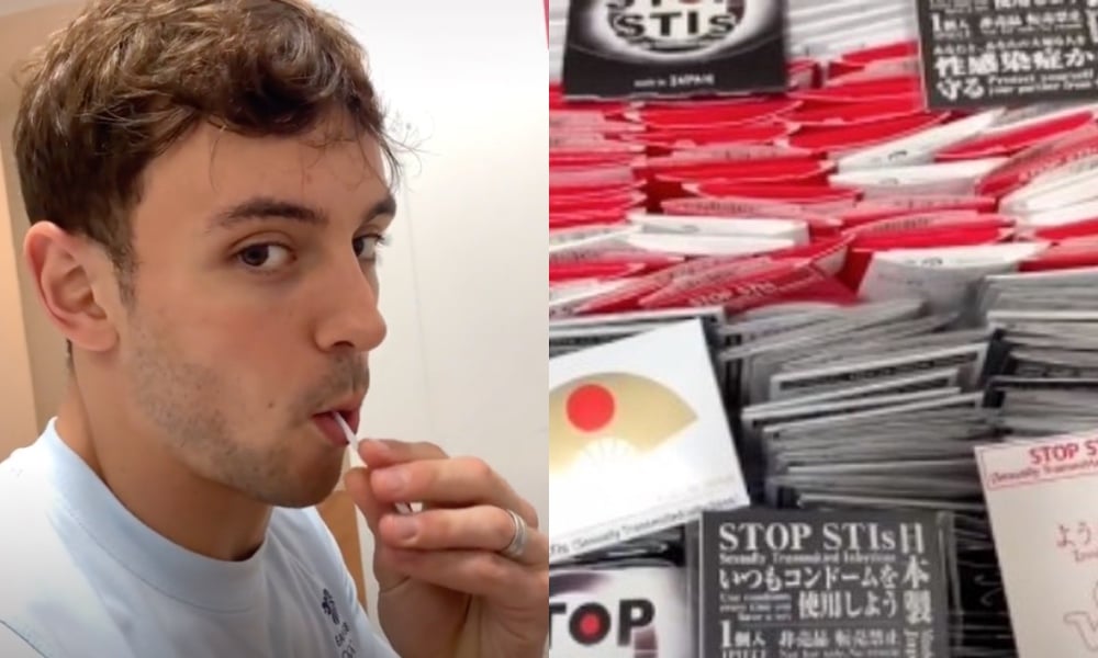 On the left: Tom Daley sucking on a lolly. On the right: A box of condoms