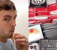 On the left: Tom Daley sucking on a lolly. On the right: A box of condoms