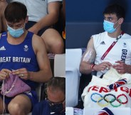 Tom Daley knitting in the audience stands