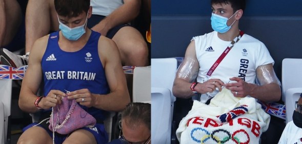 Tom Daley knitting in the audience stands