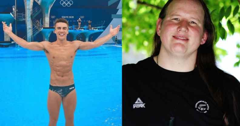 Anton Down-Jenkins photographed by a swimming pool at the Olympics and Laurel Hubbard posing for a photograph