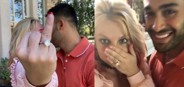 Britney Spears holds up her engagement ring for a picture with fiancé Sam Asghari