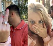 Britney Spears holds up her engagement ring for a picture with fiancé Sam Asghari