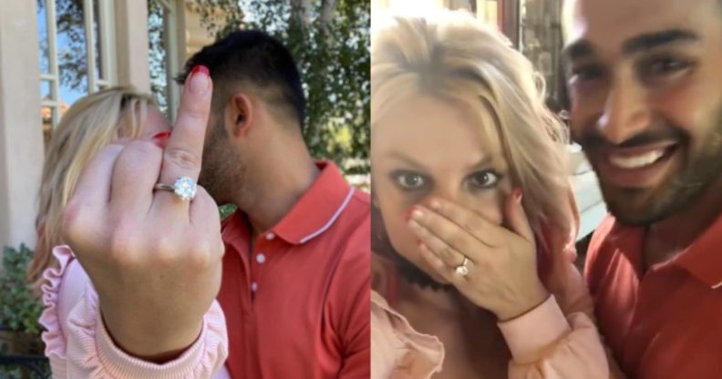 Britney Spears holds up her engagement ring for a picture with fiancé Sam Asghari