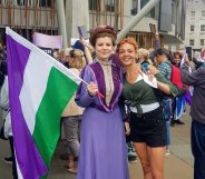 Anti-trans protesters who booed Nicola Sturgeon pose in suffragette colours