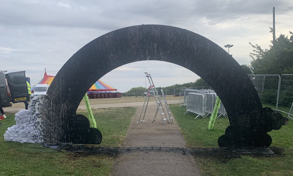 the scorched remains of the Milton Keynes Pride rainbow arch